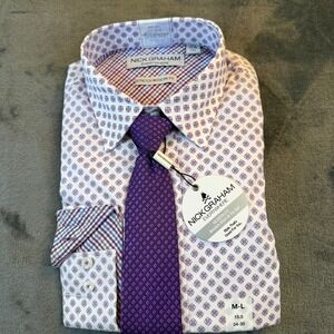 Nick Graham Stretch Shirt & Tie Set Purple Diamond Pattern Mens Medium 15.5 New